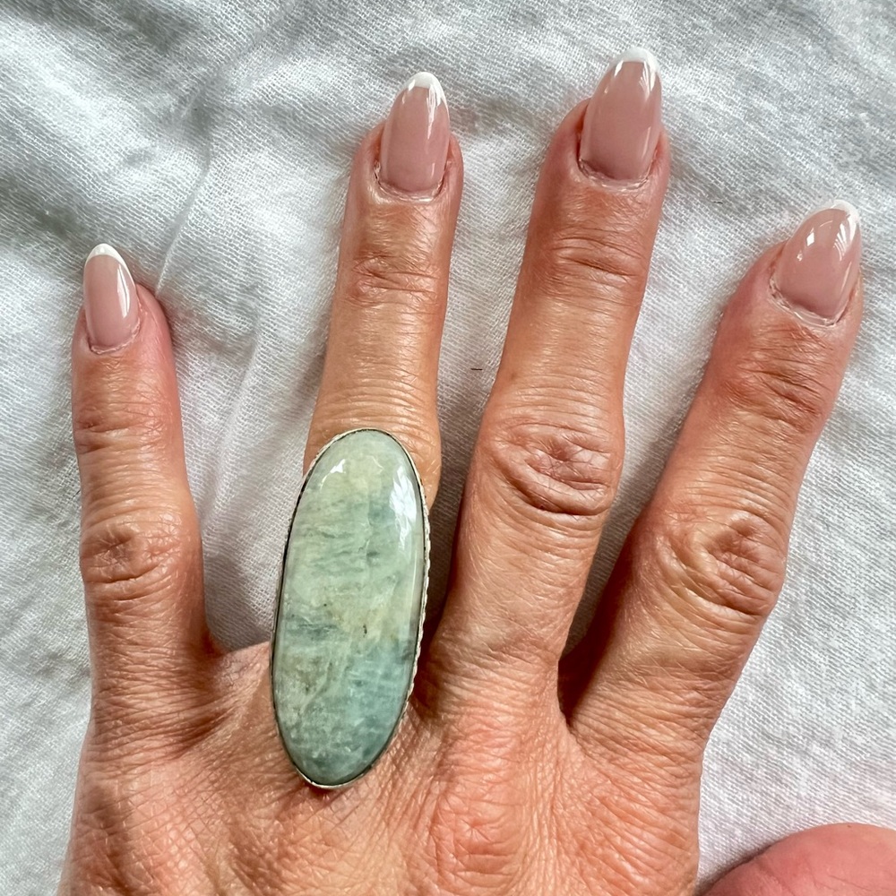 925 Massive Aquamarine Long Oval Ring 6 - Picture 3 of 10